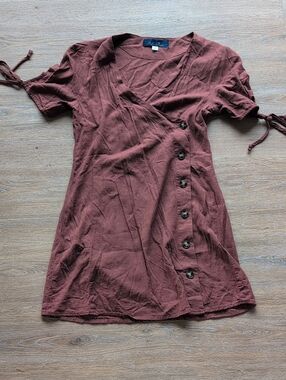Blue Rain, Linen Blend Rust Brown Button-Front Wrap Dress